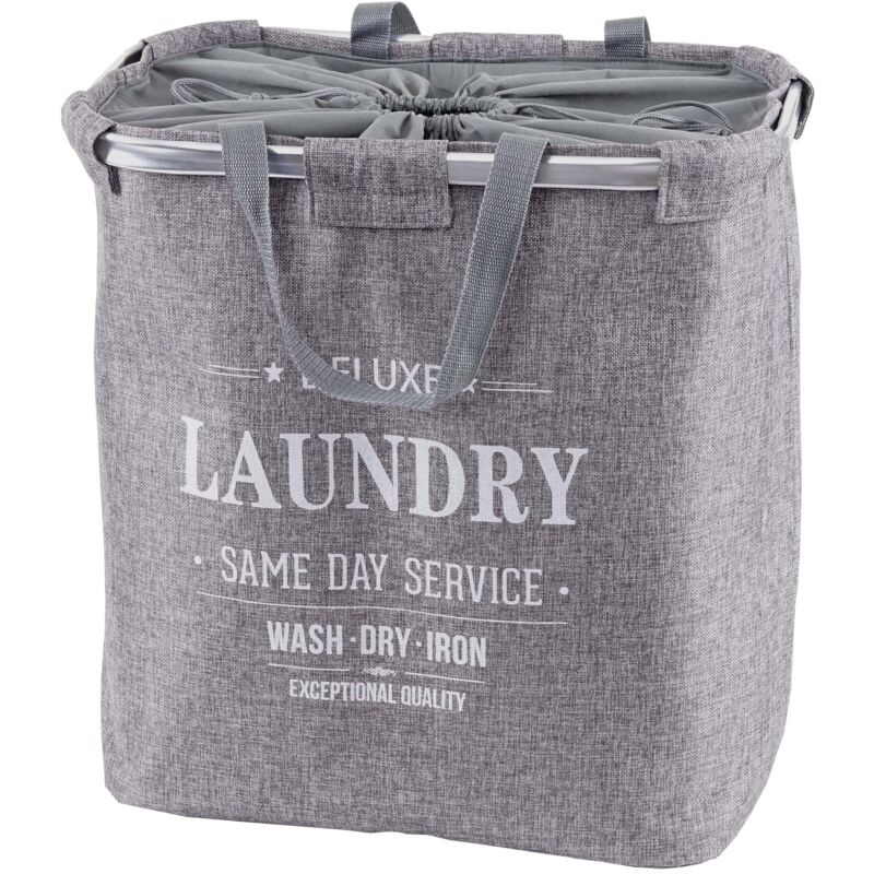 foto del prodotto cesta borsa portabiancheria hhg 804 tessuto, laundry 2 scomparti maniglie 89l grigio