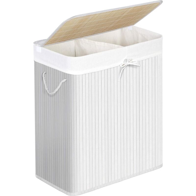 foto del prodotto cesta porta biancheria in bamb , cesto per lavanderia con 2 sezioni, coperchio e sacco interno rimovibile, manici in cotone, capacit di 100 litri,