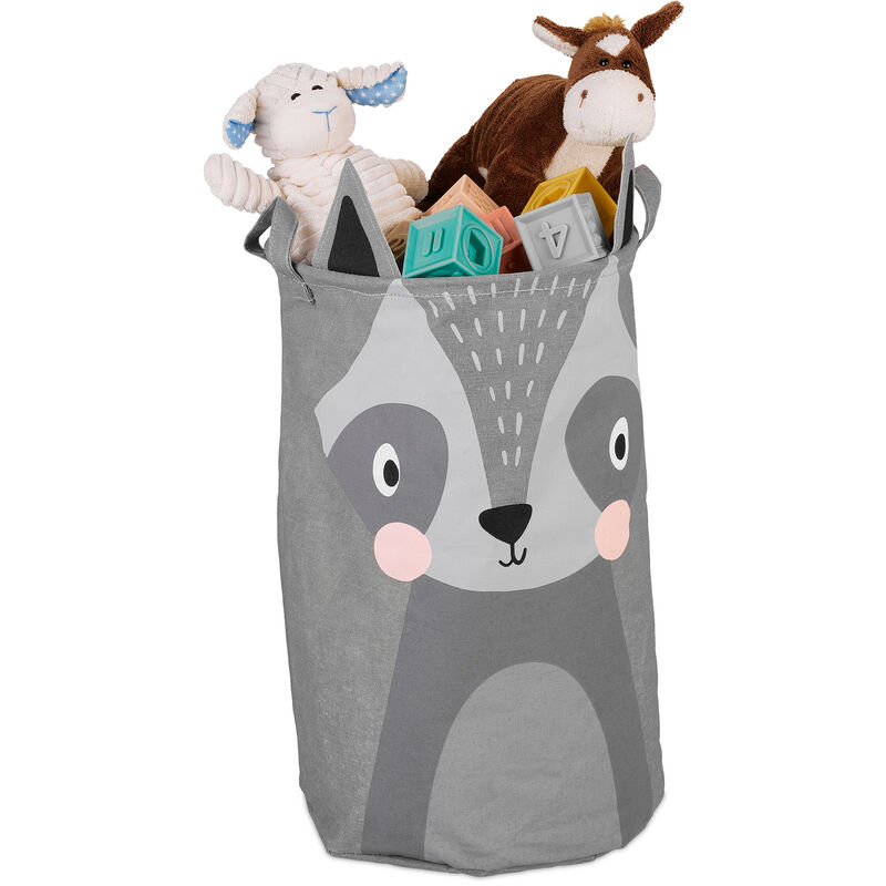 foto del prodotto cesta portagiochi, sacco in stoffa portabiancheria, hxd 55x33 cm, design procione, cameretta bambini, grigio relaxdays