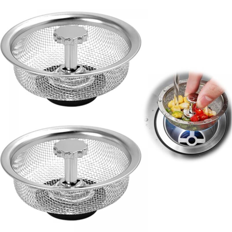 foto del prodotto cestello filtro per lavello in acciaio inox, 2 pezzi, filtro per lavello in acciaio inox, scarico per cucina, doccia, altezza regolabile, tappo in