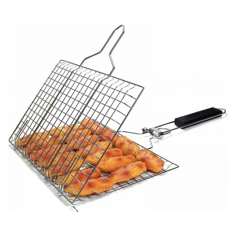foto del prodotto cestello per griglia con manico in legno, pieghevole e portatile, clip per cestello per pesce alla griglia, clip per cestello per griglia con manico