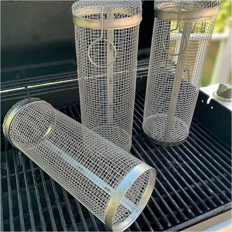 foto del prodotto cestello per griglia rotante da 20 9 cm, in acciaio inox, per barbecue, con cestello cilindrico per lame da esterno, accessori per grigliare patatine