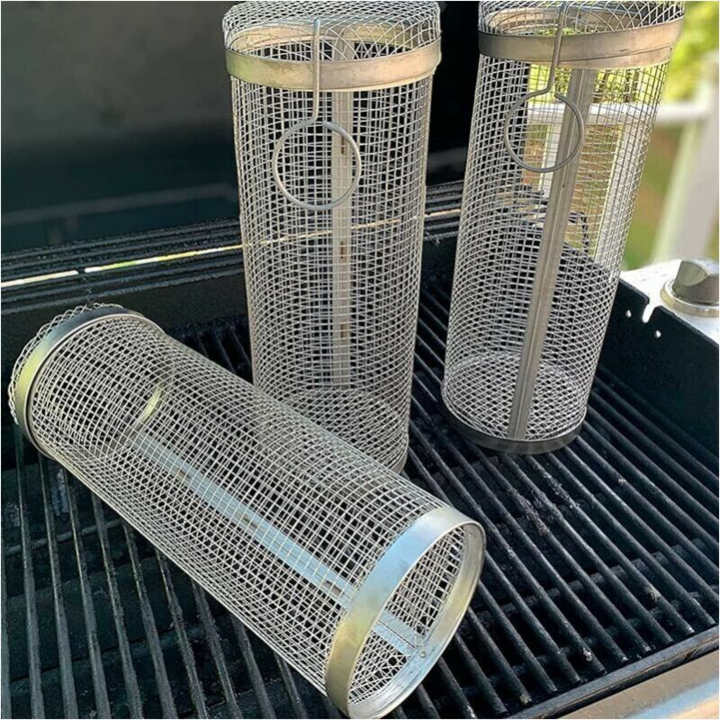 foto del prodotto cestello per griglia rotante in acciaio inox da 20x9 cm, cestello per griglia per barbecue con lama cilindrica, accessori per griglia da esterno per