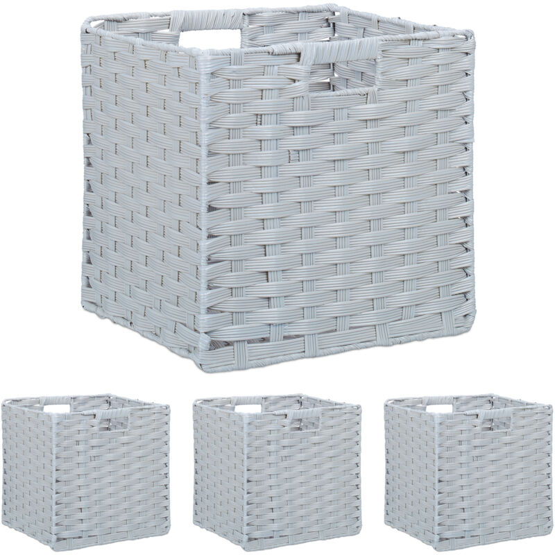 foto del prodotto cesti intrecciati portaoggetti in plastica, set 4 scatole da scaffale, hlp 31x32x30 cm, organizer cubo, grigio relaxdays