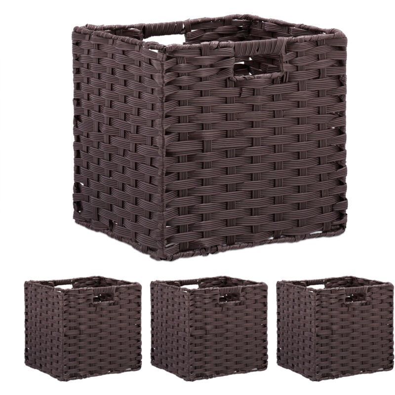 foto del prodotto cesti intrecciati portaoggetti in plastica, set 4 scatole scaffale, hlp 31x32x30 cm, organizer cubo, marrone - relaxdays
