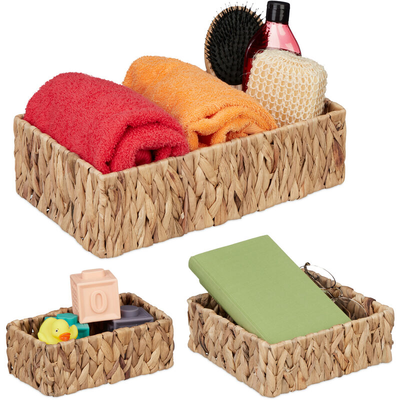 foto del prodotto cestini portaoggetti, set da 3, scatole da bagno in giacinto d acqua in varie misure, aspetto vimini, naturali relaxdays