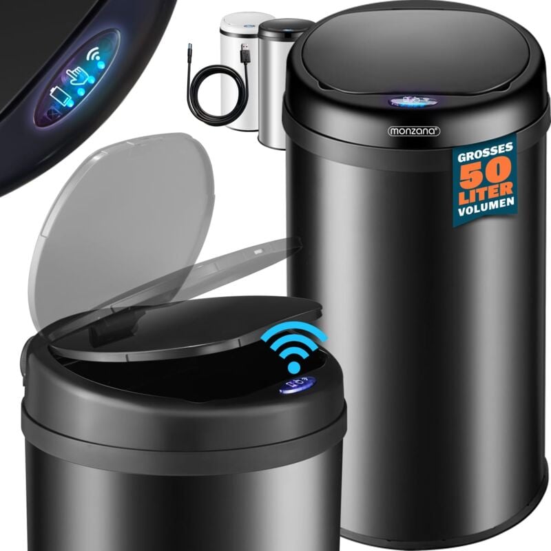 foto del prodotto cestino a sensore incl. cavo di ricarica in acciaio inox display led touchless pattumiera smart raccolta differenziata schwarz xxl de monzana