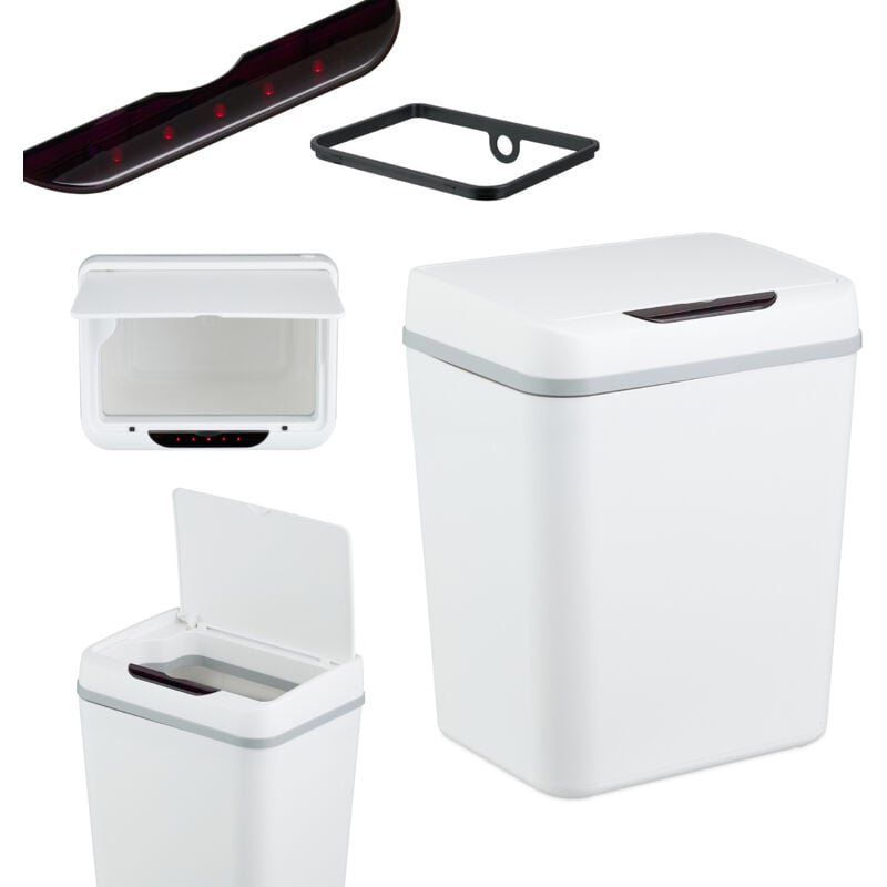 foto del prodotto cestino automatico spazzatura, pattumiera da bagno con sensore elettrico su coperchio e foro per buste, bianco relaxdays