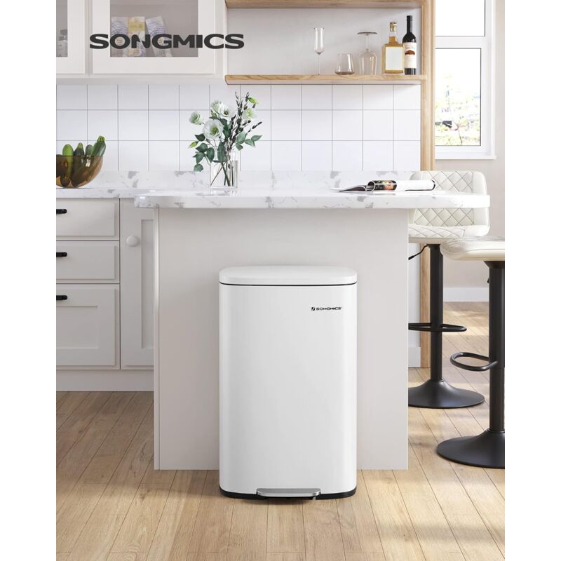 foto del prodotto cestino da cucina 50l, pattumiera a pedale per cucina, chiusura morbida, acciaio, secchio interno, bianco songmics