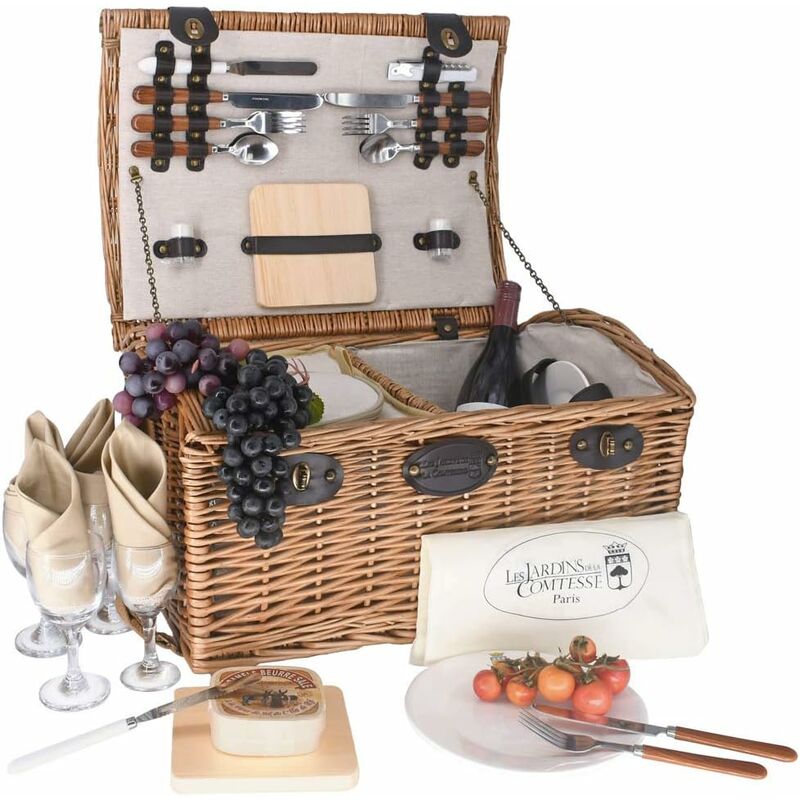 foto del prodotto cestino da picnic gisors di vimini 4 persone scompartimento isotermico piatti in ceramica e bicchieri da vino in cristallo tessuto colore