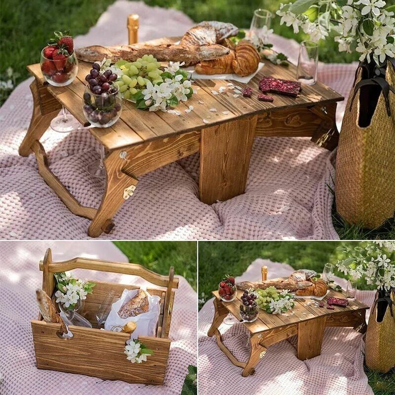 foto del prodotto cestino da picnic pieghevole in finto legno per esterni, tavolo da picnic portatile per vino, tavolo da picnic 2 in 1, cestino portaoggetti in finto