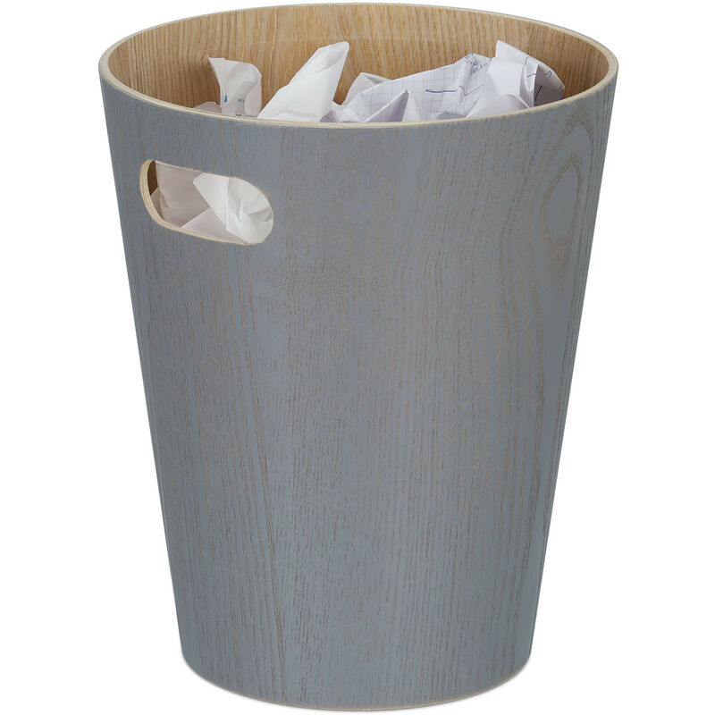 foto del prodotto cestino gettacarte in legno, pattumiera rotonda con manico, 7,5 l, senza coperchio, hxd 28x23 cm, grigio scuro relaxdays