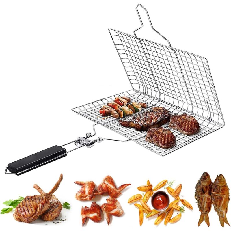 foto del prodotto cestino per barbecue all aperto, cestello per barbecue portatile in acciaio inossidabile, cestello per griglia pieghevole con manico rimovibile per