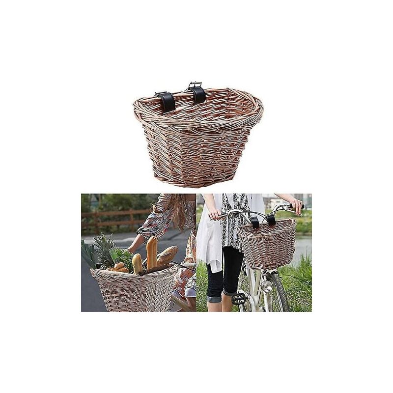 foto del prodotto cestino per bicicletta in vimini a forma di d, cestino per la spesa intrecciato a mano, cestino portaoggetti per manubrio della bicicletta con pelle