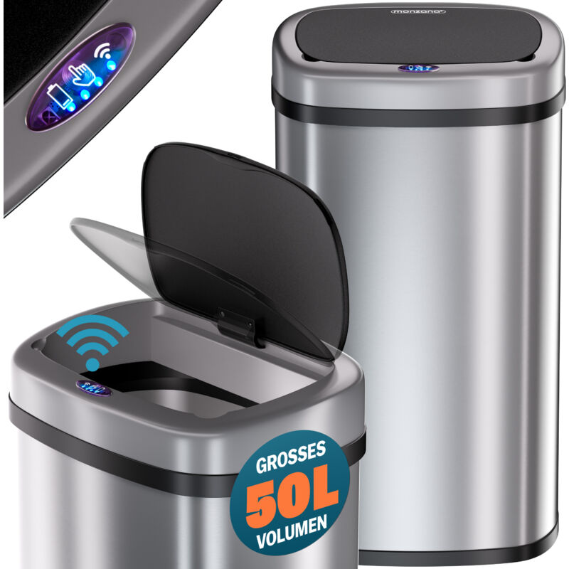 foto del prodotto cestino per rifiuti con sensore 50l in acciaio inox pattumiera con fissaggio coperchio incl. cavo usb secchio display led argento monzana
