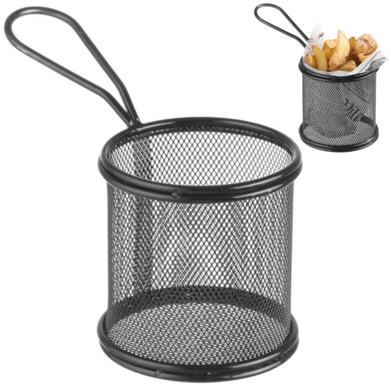 foto del prodotto cestino per servire snack fritti, patatine fritte, con manico, rotondo, 90x90x90 mm hendi 425633