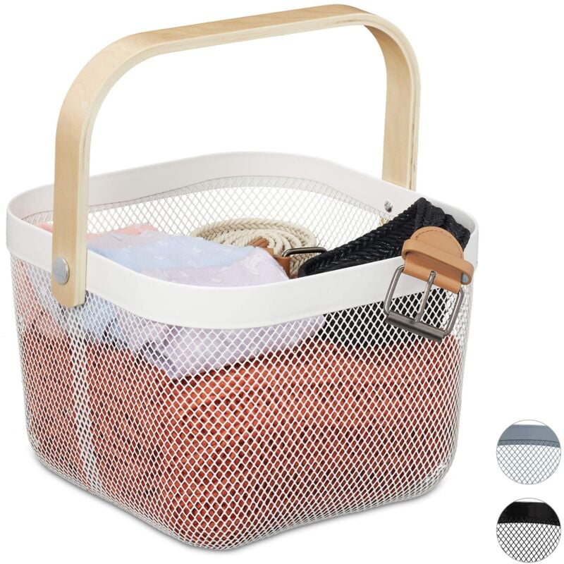 foto del prodotto cestino portaoggetti, con manico, decorativo, in acciaio e legno, cesto, hxlxp 17,5 x 26 x 24,5 cm, grigio, 17.5 x 26 x 24.5 cm relaxdays