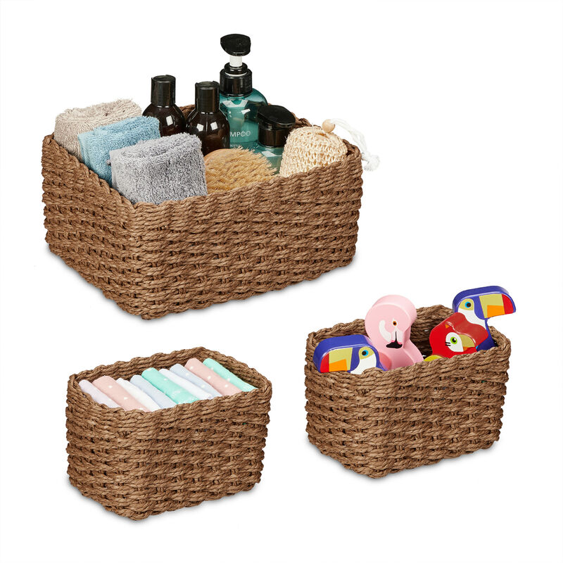 foto del prodotto cestino portaoggetti dal design intrecciato, set da 3, 2 misure, per bagno e armadio, corda di carta, marrone relaxdays