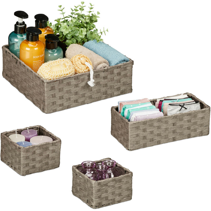 foto del prodotto cestino portaoggetti dal design intrecciato, set da 4, 3 misure, per bagno e armadio, corda di carta, grigio relaxdays