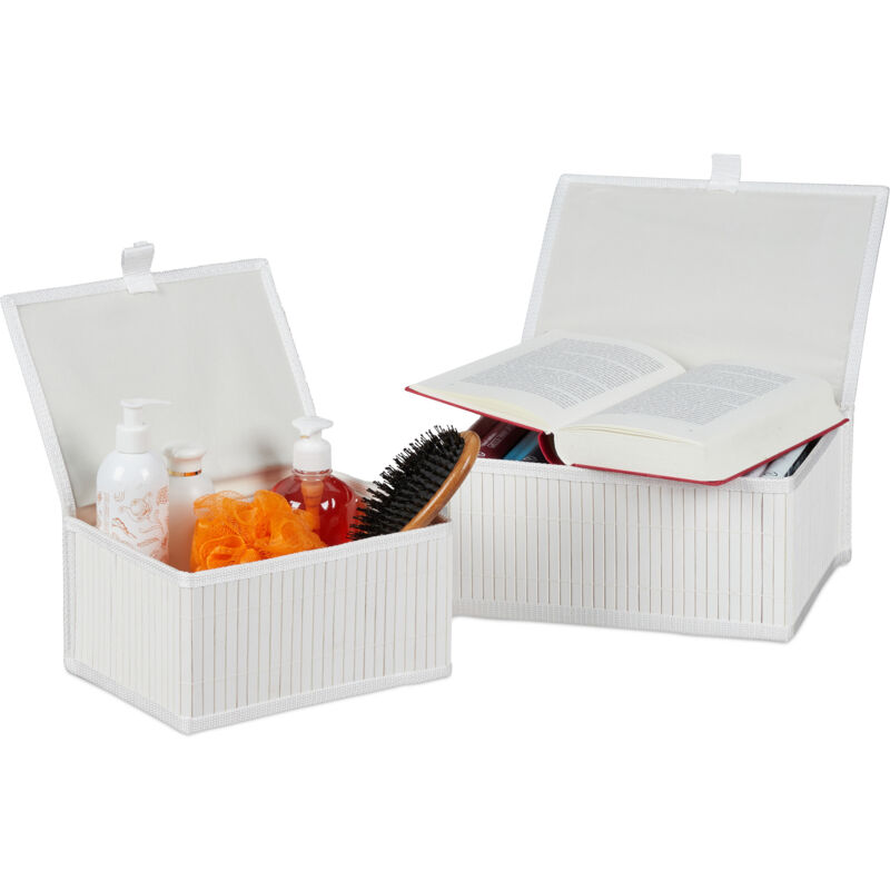 foto del prodotto cestino portaoggetti in bamb e tessuto, set cesti in 2 misure, contenitore multiuso da bagno, box, bianco relaxdays