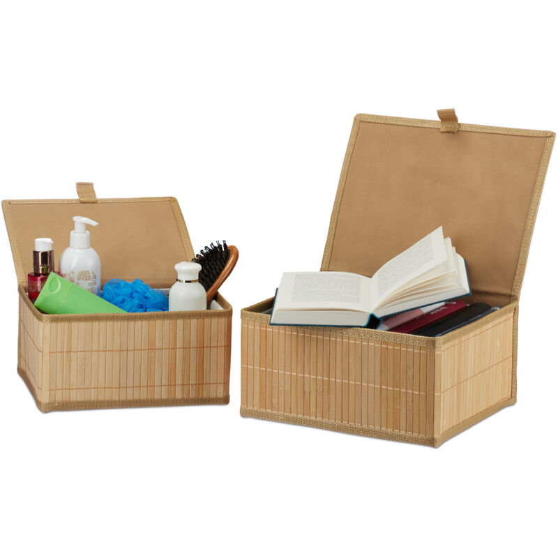 foto del prodotto cestino portaoggetti in bamb e tessuto, set cesti in 2 misure, contenitore multiuso da bagno, box, naturale relaxdays