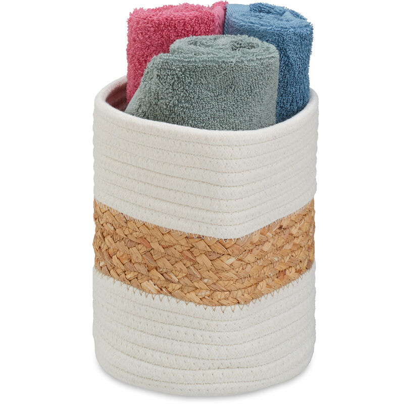 foto del prodotto cestino portaoggetti, in cotone, h x d 20 x 18 cm, porta biancheria per bagno, camera e cucina, bianco marrone relaxdays