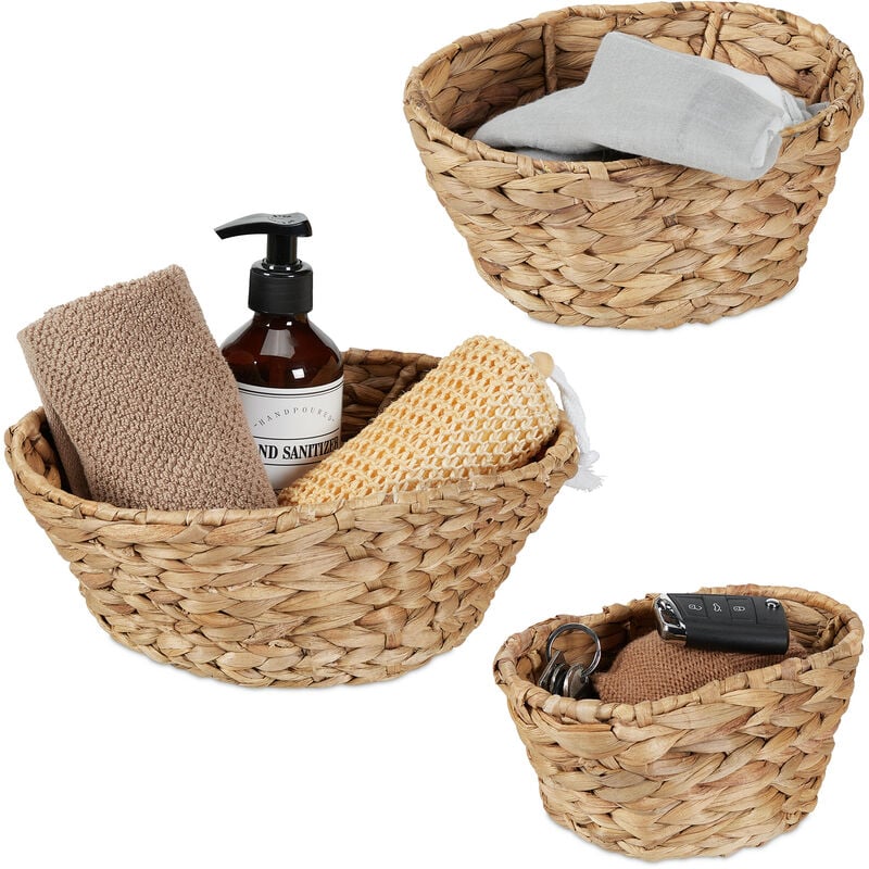 foto del prodotto cestino portaoggetti, set da 3, aspetto vimini, in giacinto d acqua, tre misure, da bagno e armadio, naturale relaxdays