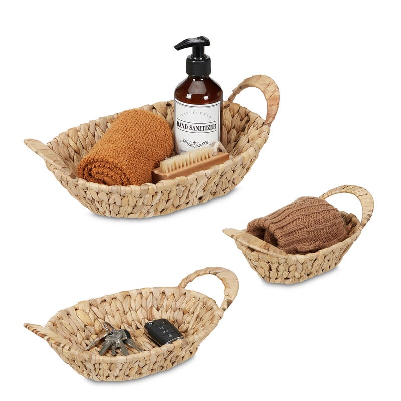foto del prodotto cestino portaoggetti, set da 3, aspetto vimini, in giacinto d acqua, tre misure, da bagno e armadio, naturale relaxdays