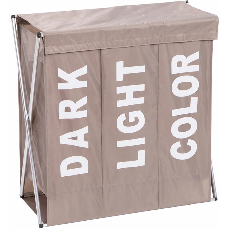 foto del prodotto cesto biancheria 3 scomparti portabiancheria pieghevole metallo e tessuto taupe