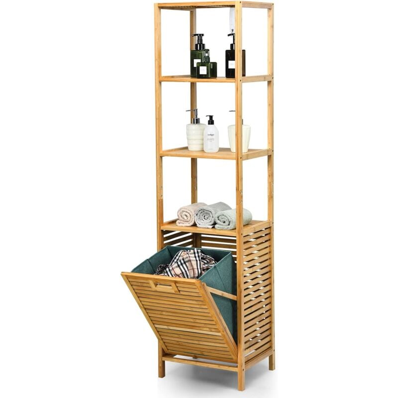 foto del prodotto cesto della biancheria a scomparsa per bagno, organizer torre con cesta di bamb e 3 mensole, scaffale con cesto per bagno camera da letto costway