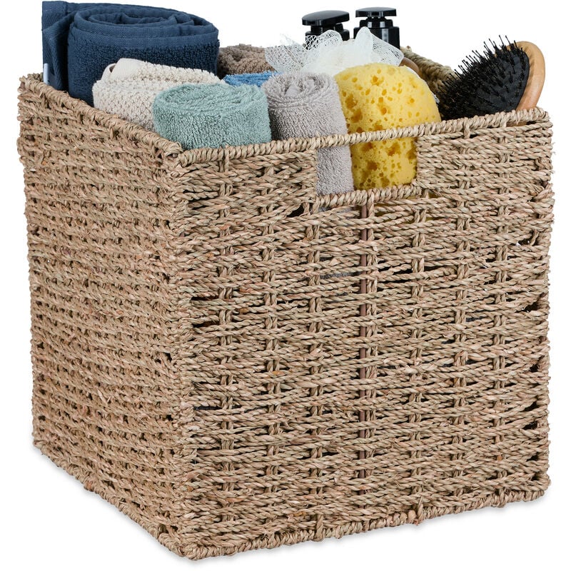 foto del prodotto cesto intrecciato portaoggetti in seagrass, hlp 30x30x30 cm, scatola da scaffale cubo, stile vimini, naturale relaxdays