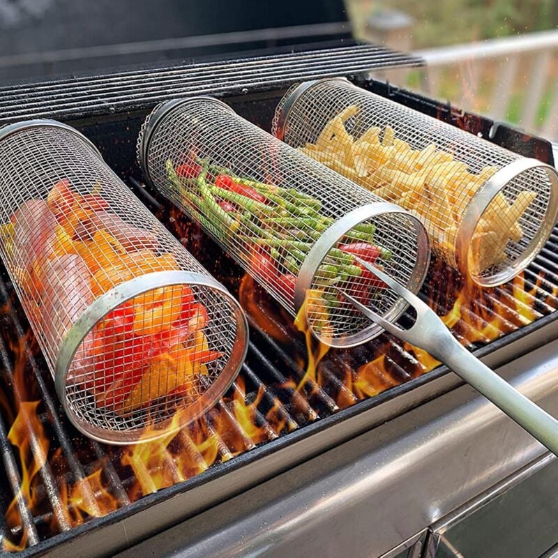 foto del prodotto cesto per barbecue con rotelle, cestello per barbecue, cestello per barbecue in acciaio inox, accessori per barbecue, cestello per barbecue, cestello