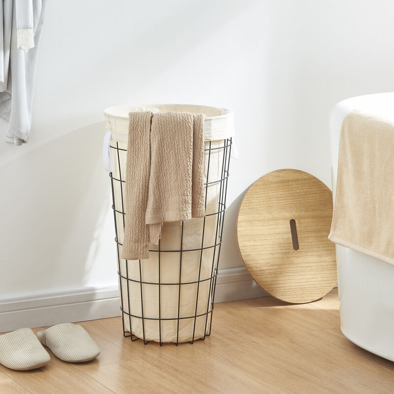 foto del prodotto cesto per bucato skive portabiancheria in metallo con coperchio in mdf e sacco in tessuto capienza 40 l en.casa 