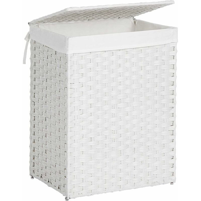 foto del prodotto cesto porta biancheria intrecciato a mano, 90l, cesta in rattan sintetico pieghevole con coperchio e manici, sacco interno rimovibile, bianco