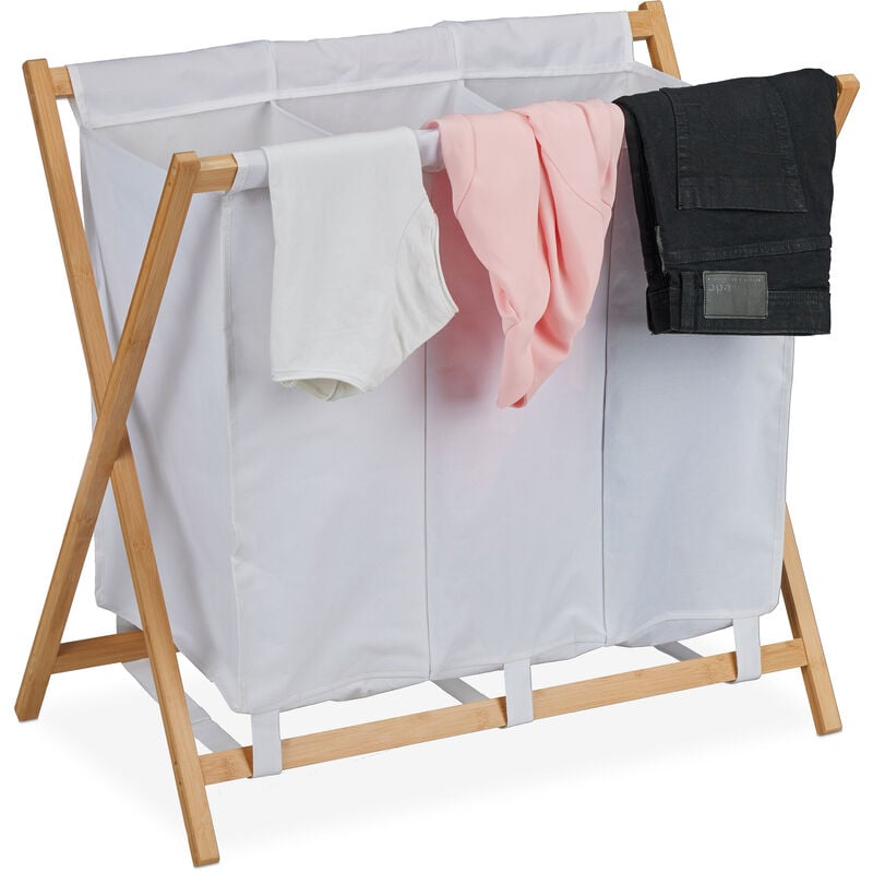 foto del prodotto cesto portabiancheria, 3 scomparti da 38 l ciascuno, raccoglitore pieghevole, 71 x 74 x 42 cm, bianco marrone relaxdays