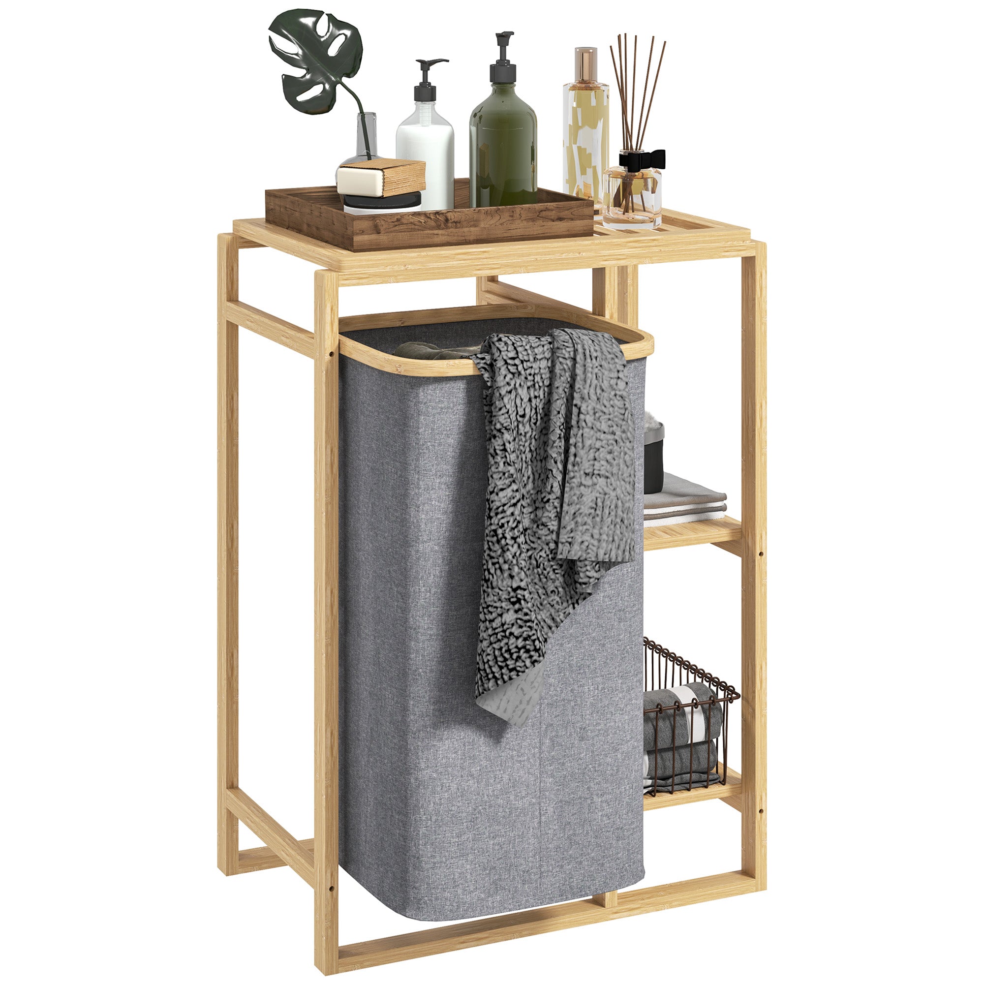 foto del prodotto cesto portabiancheria 50x32x70 cm con borsa estraibile e ripiano in bamb grigio