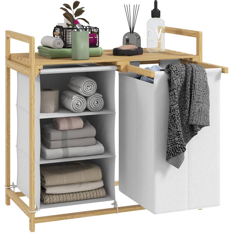 foto del prodotto cesto portabiancheria 70x36x70 cm con 2 borse estraibili e ripiano in bamb bianco