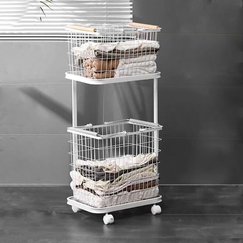 foto del prodotto cesto portabiancheria a 2 ripiani con ruote metalliche bloccabili, carrello portaoggetti, cestino per ripiani, carrello portaoggetti per vestiti,