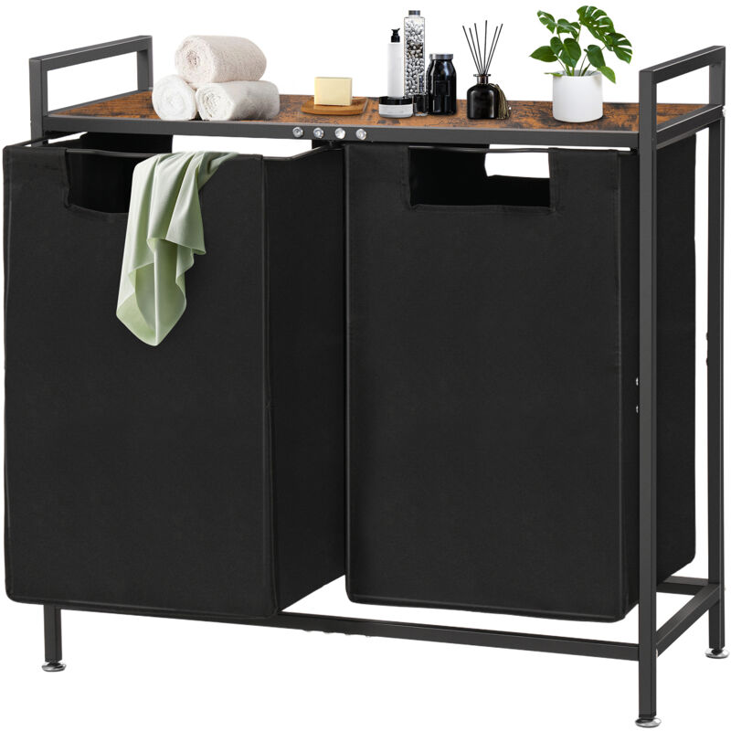 foto del prodotto cesto portabiancheria, cesto per vestiti sporchi, 2 scomparti, 2 sacchetti in tessuto oxford rimovibili, ripiano, 65 x 73 cm, marrone rustico e nero
