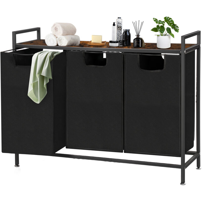 foto del prodotto cesto portabiancheria, cesto per vestiti sporchi, 2 scomparti, 2 sacchetti in tessuto oxford rimovibili, ripiano, marrone rustico e nero