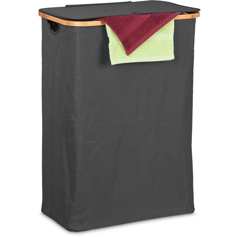 foto del prodotto cesto portabiancheria con coperchio, 105 l, contenitore pani in bamb e poliestere, pieghevole, nero marrone relaxdays
