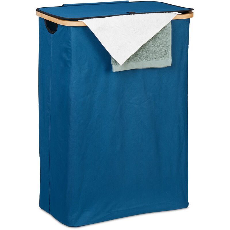 foto del prodotto cesto portabiancheria con coperchio, 105 l, contenitore panni bamb e poliestere pieghevole, blu scuro marrone relaxdays