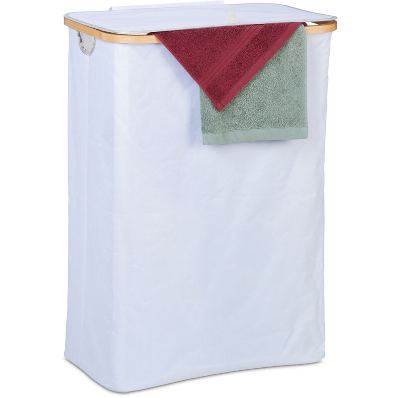foto del prodotto cesto portabiancheria con coperchio, 105 l, contenitore panni in bamb e poliestere pieghevole, bianco marrone relaxdays