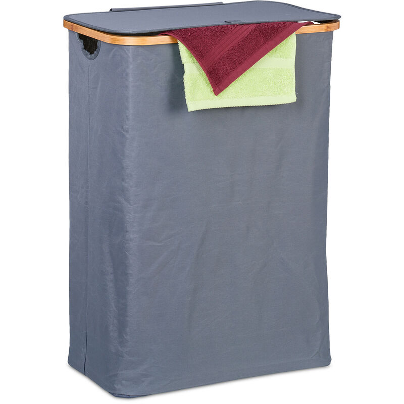 foto del prodotto cesto portabiancheria con coperchio, 105 l, contenitore panni in bamb e poliestere pieghevole, grigio marrone relaxdays