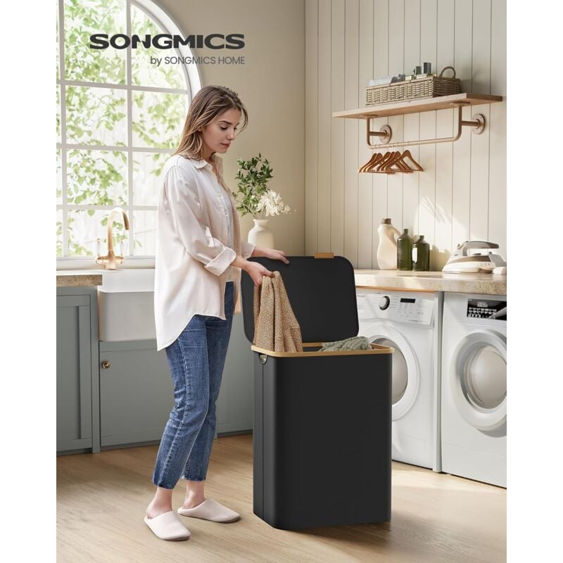 foto del prodotto cesto portabiancheria con coperchio a 2 scomparti, cesta per bucato, 130l, sacco rimovibile, tessuto oxford, manici di bamb , pieghevole, 52 x 38,5 x