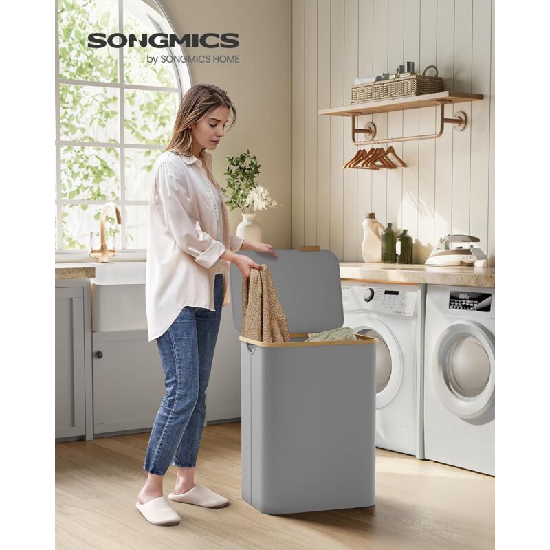 foto del prodotto cesto portabiancheria con coperchio a 2 scomparti, cesta per bucato, 130l, sacco rimovibile, tessuto oxford, manici di bamb , pieghevole, 52 x 38,5 x