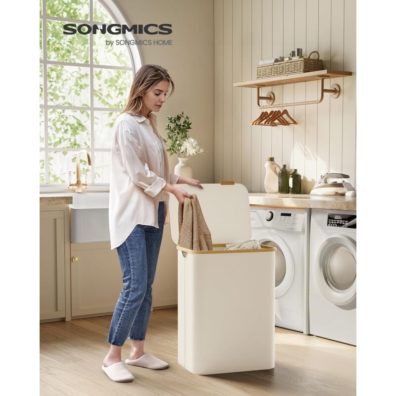 foto del prodotto cesto portabiancheria con coperchio a 2 scomparti, cesta per bucato, 130l, sacco rimovibile, tessuto oxford, manici di bamb , pieghevole, 52 x 38,5 x