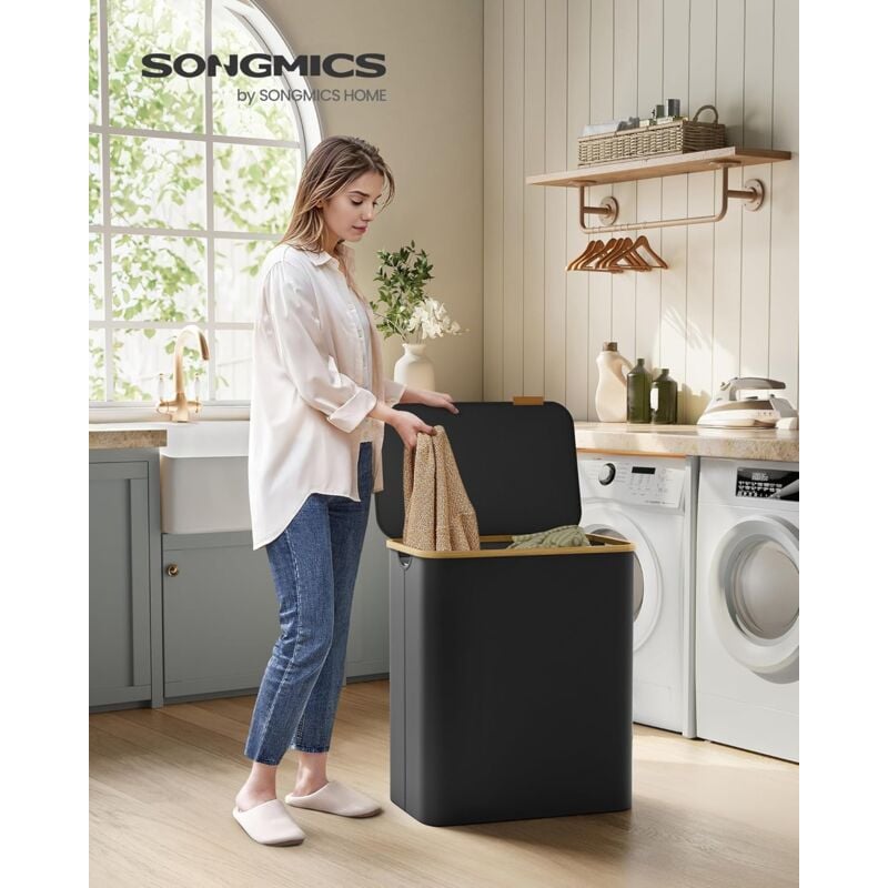 foto del prodotto cesto portabiancheria con coperchio a 3 scomparti, cesta per bucato, 150l, sacco rimovibile, tessuto oxford, manici di bamb , pieghevole, 60 x 38,5 x