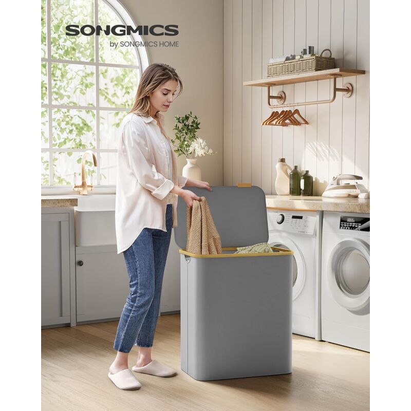 foto del prodotto cesto portabiancheria con coperchio a 3 scomparti, cesta per bucato, 150l, sacco rimovibile, tessuto oxford, manici di bamb , pieghevole, 60 x 38,5 x