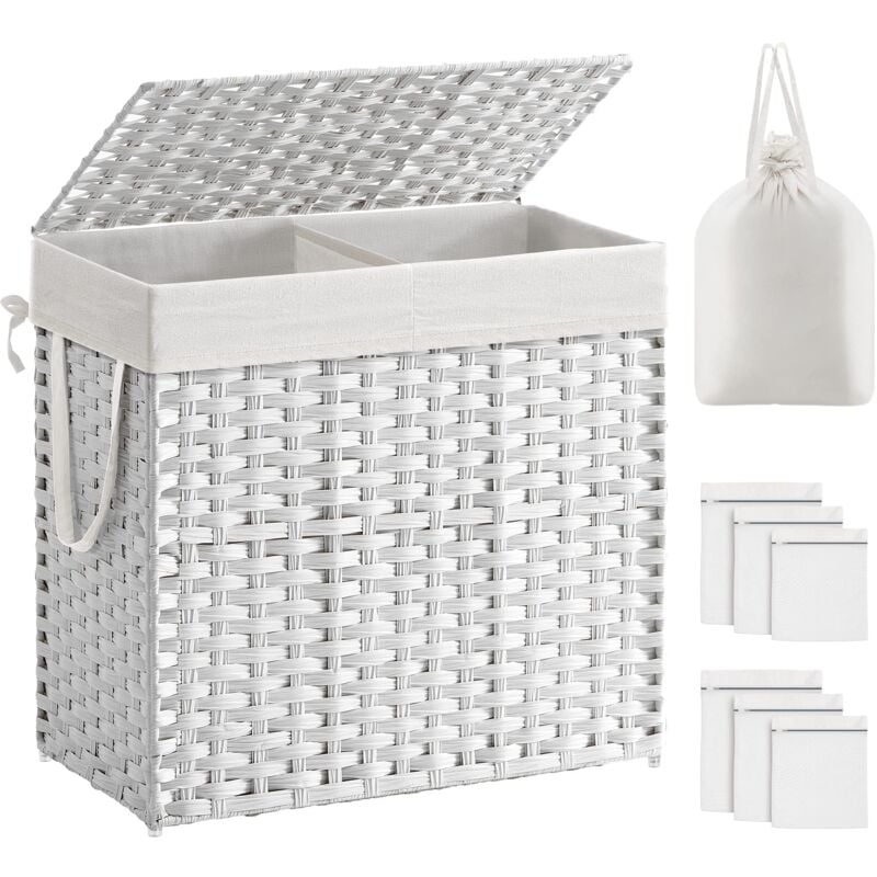 foto del prodotto cesto portabiancheria con coperchio, cesta per bucato 130l, 2 scomparti, sacco estraibile con manici, intrecciato a mano, in camera da letto, bagno,